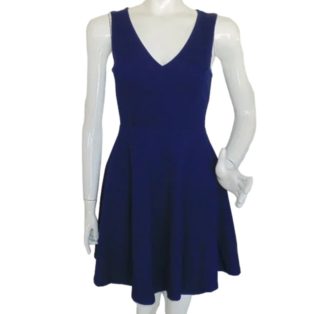 LULU'S Skater Dress, S, Navy Blue, Sleeveless, V-neck, Back Zipper